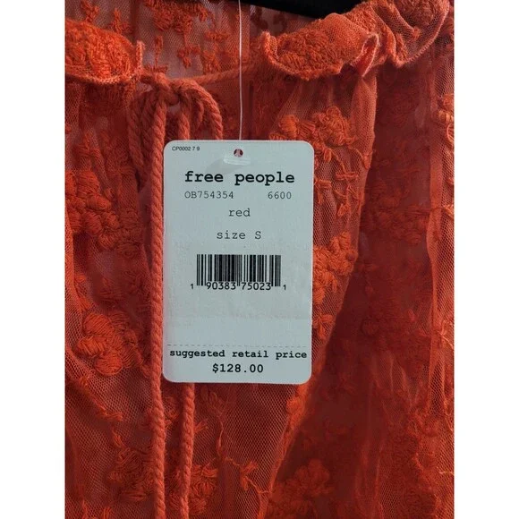 Free People Jubilee Embroidered Lace Boho Sheer Blouse Top Red Sz Small OB754354 - Picture 6 of 15